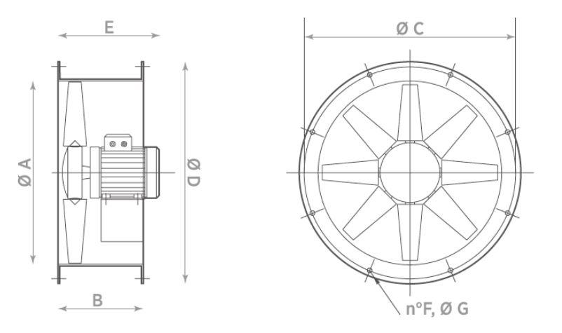 ER HP Hochleistungs Rohrventilator fuer Gewerbe Abmessungen